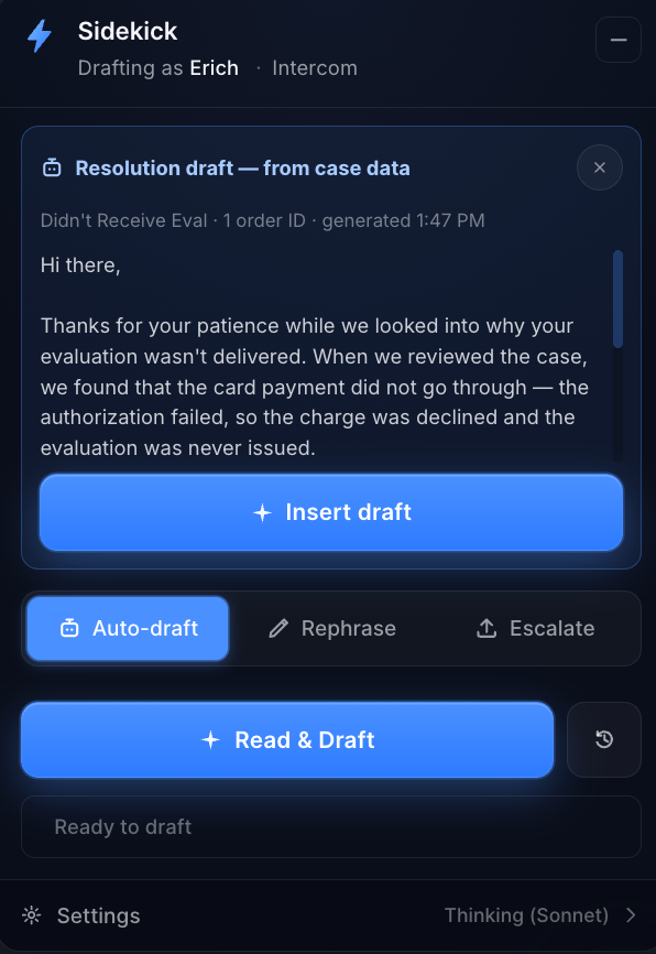 Sidekick with a case-aware resolution draft, an Insert draft button, and Auto-draft, Rephrase, and Escalate modes.